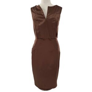 Ellen Tracy Brown Satin V Neck Sleeveless Sheath Knee Length Dress Size 6